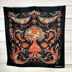 Marina D’Este Silk Scarf Black Burnt Orange Floral Hand Rolled